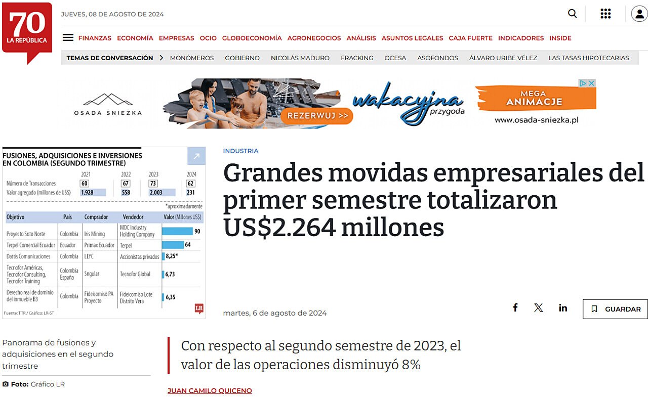 Grandes movidas empresariales del primer semestre totalizaron US$2.264 millones